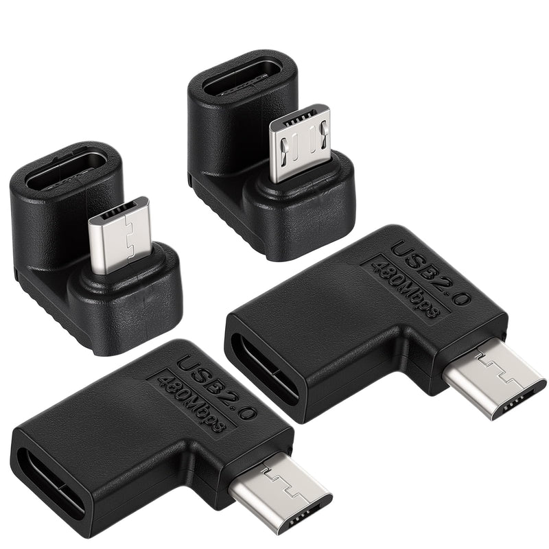 4 Packs Right Angle Micro USB, (5V2A) 10W 480mbps | 90/180 Degree Angled USB C Female to Micro USB Male Type C to Micro USB Adapter Compatible with A Range of Micro USB Devices