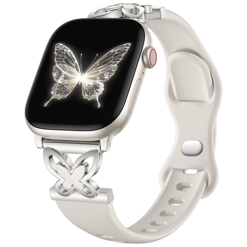 Lerobo Slim Silicone Band Compatible with Apple Watch Bands for Women | Dressy Metal Butterfly 16mm Thin Strap for iWatch Series 11 10 9 8 7 6 5 4 SE Ultra 38mm 40mm 41mm 42mm 44mm 45mm 46mm 49mm A-Starlight 38mm/40mm/41mm/42mm(Series 11 10)