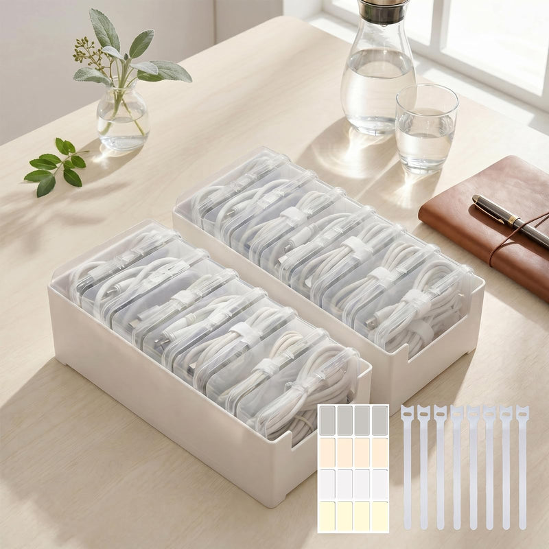 2 Pack 7 Individual Cable Organizer Boxes with Base | Tangle-Free Individual Compartments; Drawer & Travel Ready; Compact Desktop Organization; Easy-Access Open Lid