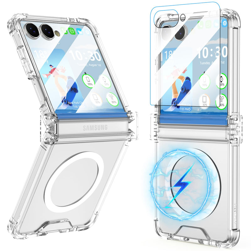 Designed for Galaxy Z Flip 8 Case Clear Magnetic with Hinge Protection | Tempered Glass Screen Protector for Samsung Flip 8 Full Cover Phone Protection Case Clear for Z Flip 8 Transparent