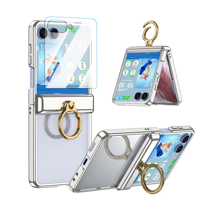 Designed for Samsung Galaxy Z Flip 8 Case with Ring Holder Hinge Protection | Ultra Slim Crystal Plating Protective Cover Case with Screen Protector for Z Flip 8 Clear Silver Clear Silver B