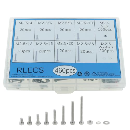 RLECS 460PCS 304 Stainless Steel M2.5 Hex Socket Cap Screw Set for Furniture Repair Precision Instruments Electronic Goods Lighting Fittings and Lock