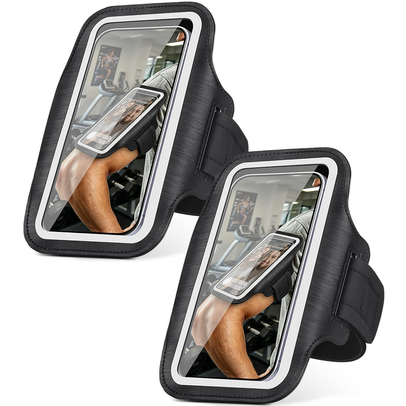 Running Armband Phone Holder with Card Slot for Gym Workout 2 Pack | Fit iPhone 11-17 Pro Max Galaxy S20-S26 Plus/Ultra, Water Resistant, Touch Screen, Reflective Strips, Anti-slip Silicone Dots Black