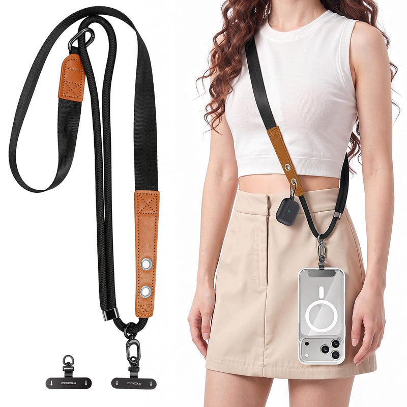 MoKo Adjustable Phone Lanyard Crossbody Strap with 2 Hanging Loops | Anti-Theft Phone Strap Thick Braided Wide Strap for Shoulder Relief, Universal Cell iPhone Neck Lanyard for Travel Outdoor Black
