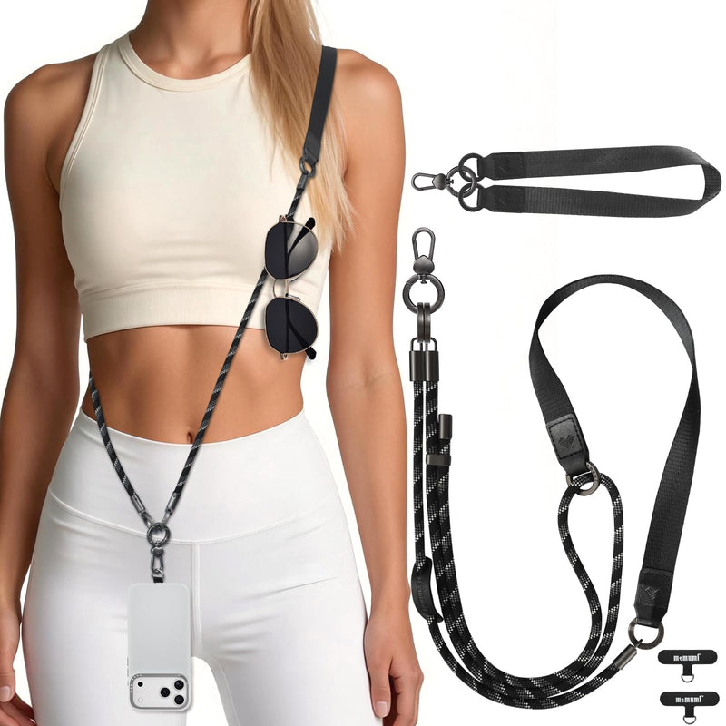 memumi 3-in-1 Anti-Theft Phone Lanyard Crossbody & Wrist Strap for iPhone & Android, Adjustable 32.6–63.7" Neck Strap, 20mm Wide Shoulder-Friendly Band with 2 Non-Scratch Phone Tabs – Midnight Black