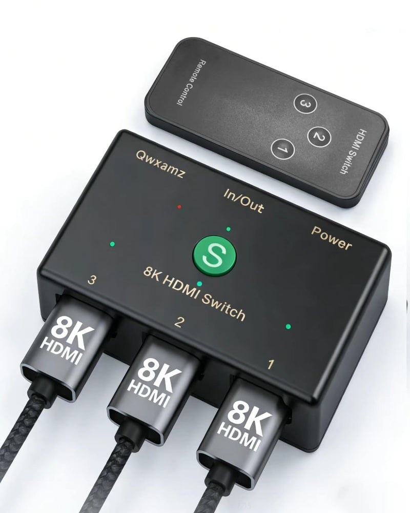 HDMI 2.1 Switch 3 in 1 Out 8K@60Hz, 4K@120Hz HDMI Switcher Wireless Remote | Power By HDMI Cable, Gaming Console, Streaming Device, Home Theater, Projector, Slim Dimension, Long Remote Distances