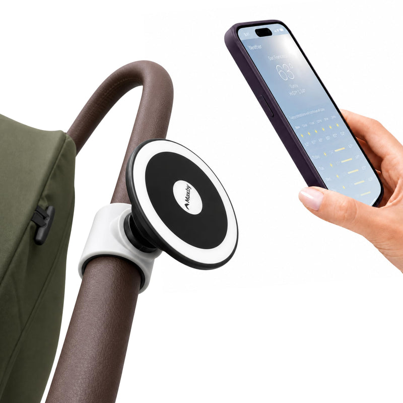 Stroller Phone Holder, MagSafe Compatible Expandable Clamp, 360 Adjustable | Secure clamp fits most handles; magnetic ring included for Samsung, Android and non-MagSafe cases; carts, wagons and travel