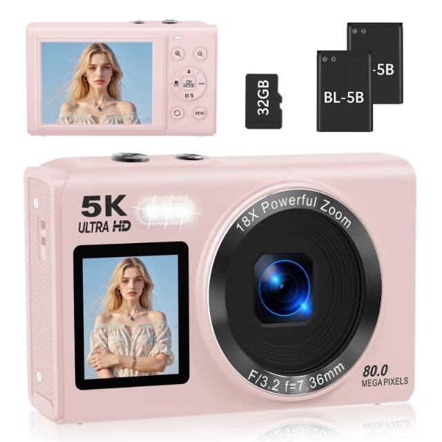 5K Digital Camera for Photography, 80MP Dual Screen Vlogging Camera for YouTube with WiFi, 16X Digital Zoom, Beauty Function, 2.8-inch Screen, Fill Light Includes 32GB Card & 2 Batteries (Pink) Pink