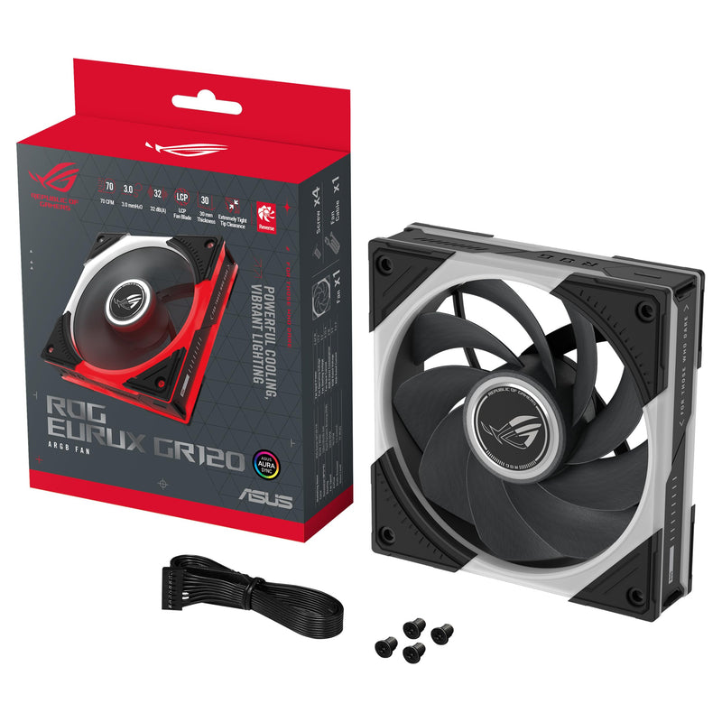 ASUS ROG Eurux GR120 ARGB Reverse PWM Fan Single Pack 120mm PWM, 2200RPM, Patented Daisy-Chain, Custom Lighting Effects