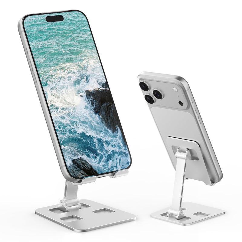 Folding Aluminum Cell Phone Stand | Stable Multi-Angle Desk Dock, Non-Slip Cushions, Compact Bracket, Suitable for All Mobile Phones and Small Sized Tablets