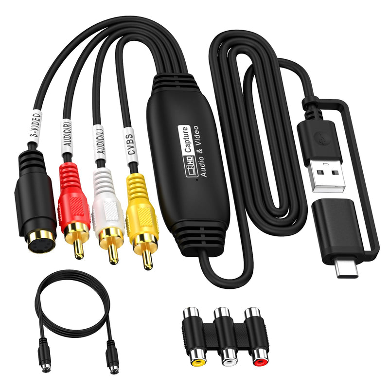 VHS VCR RCA to Digital Converter, VHS VCR to USB 2.0 Video Capture Device | AV to USB Audio Video Converter, 1080P Video Capture Card with RCA/ S-Video Input, NTSC/PAL, Works on Windows Mac OS