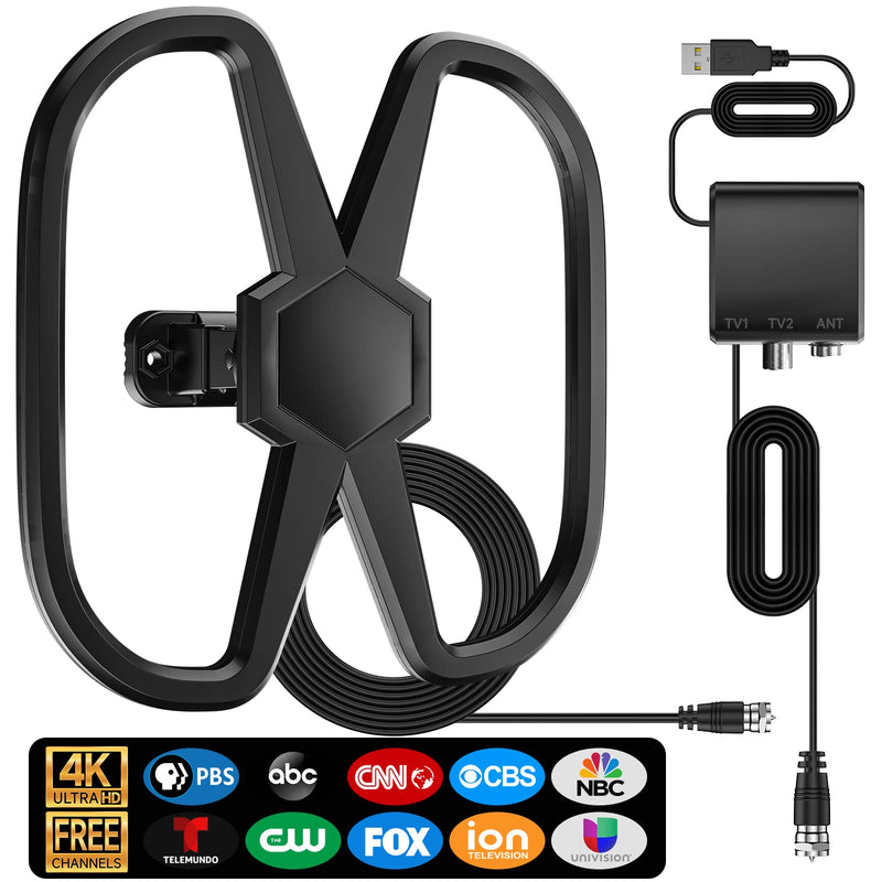 TV Antenna Indoor Outdoor,5300+ Miles Dual TV Digital Antenna,No Cable Fees | HDTV Antenna Smart TV/All Old TVs,360° Reception Local Channels,Waterproof Strongest Amplifier-Support 8K 4K 1080p-38FT Cable black