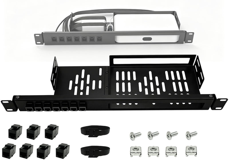 19in 1U Metal Rack Mount for Ubiquiti UCG-Fiber & UXG-Fiber Gateway- Hinged Rack Tray with 7 rj45 Keystone Jack cat6, Power Bay