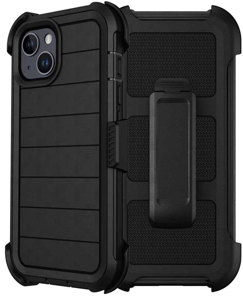 for iPhone 14 Case/iPhone 13 Case with Belt Clip Holster Screen Protectors, Heavy Duty Military Grade Shockproof Protection Rugged Anti-Drop Kickstand Phone Cover for Apple 14/13 (Black) Black