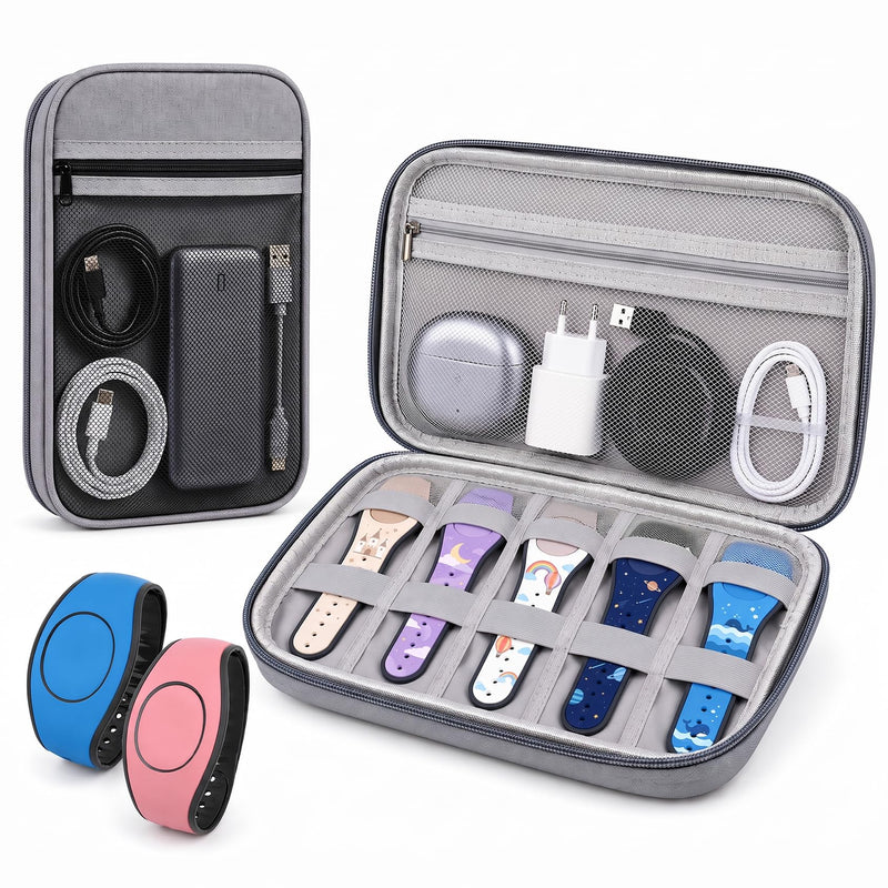 MagicBand 1 2 Plus Travel Case 5 Slot Reinforced Magic Band Organizer Gray | Exterior Zippered Mesh Pocket Charger Storage Small Accessories Cable Management Portable Carrying Easy Access Vacation Gear