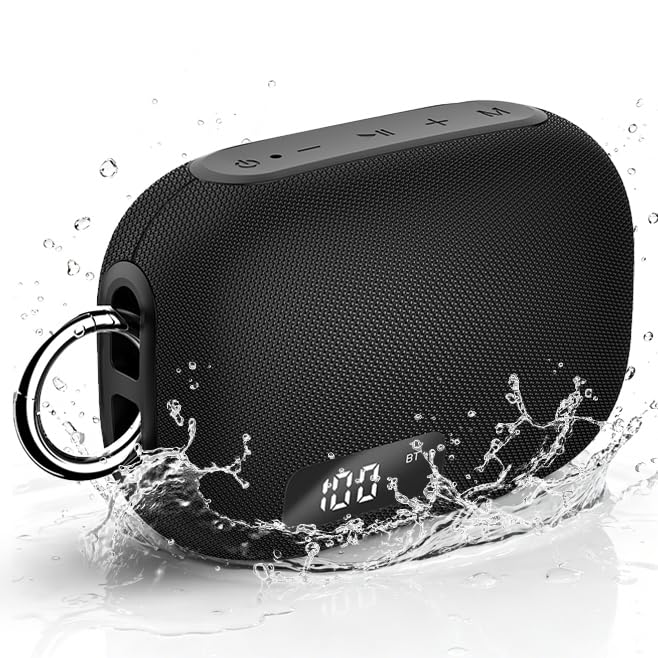 Portable Bluetooth Speaker, IP67 Waterproof Shower Speaker with Digital Battery Display, Powerful Sound, 24H Playtime, TWS Pairing, USB/TF Card, Small Speaker for Outdoor Travel Home, Gift-Black Black