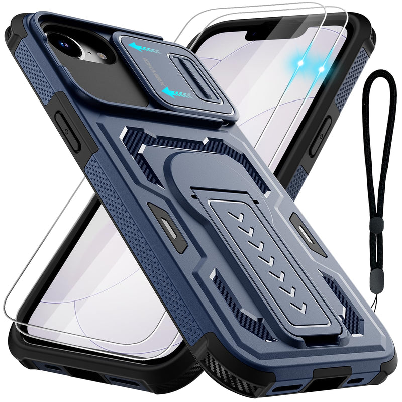 for iPhone 17e Case/iPhone 16e Case with 2*Screen Protector, Blue | Slide Camera Cover,Kickstand,Lanyard Strap, Military Grade Shockproof Protective Heavy Duty Non-Slip for 17e Phone Case 6.1"