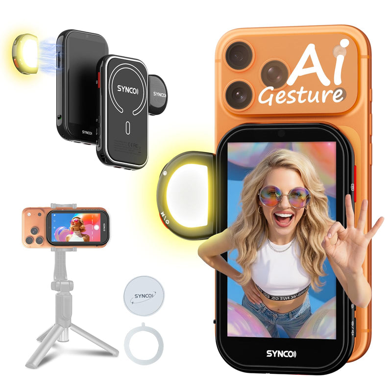 SYNCO Wireless AI Selfie Monitor Screen for iPhone 7-17 Series（Black） | AI Gesture‑Controlled Phone, 3‑Mode Fill Light, Wireless & Wired Switch Freely, 4.02″Larger Display for TikTop, Youtube Black