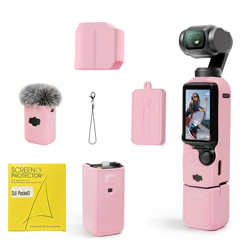 Soft Silicone Protective Case Set for DJI Osmo Pocket 3/Xtra Muse Camera, Anti-Scratch Lightweight Full Coverage Pocket 3 Case Cover Skin with Screen Protectors & Mic Cover Sleeve, Pink
