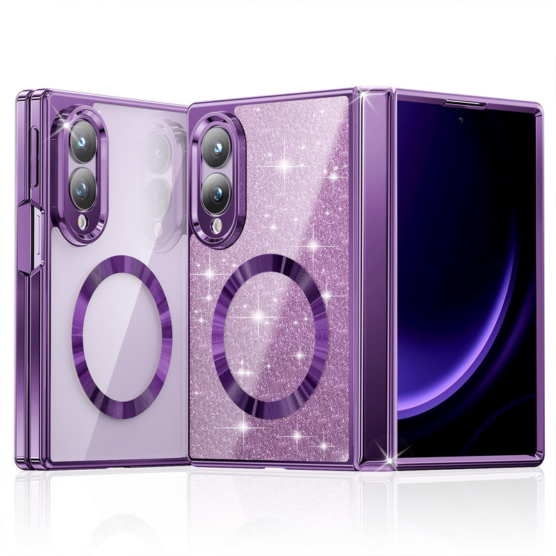Meifigno for Samsung Galaxy Z Fold 8 Case Compatible with MagSafe, Violet | Raised Camera Protection, Rugged Hinge Protection, Metallic Glossy Plated Edge & Crystal Clear Back, Detachable Glitter Card Cobalt Violet