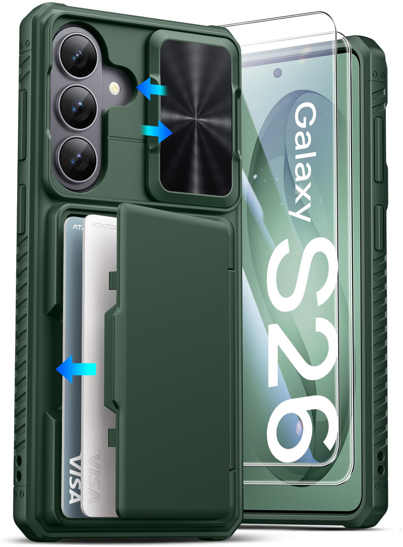 ATATOO for Samsung Galaxy S26 Wallet Case with 2X Screen Protector, Green | Card Holder (4 Cards), Slide Camera Cover, Military Grade Protection, Women Men, Heavy Duty Phone Case for Galaxy S26 6.3" Green with SP S26, 6.3"