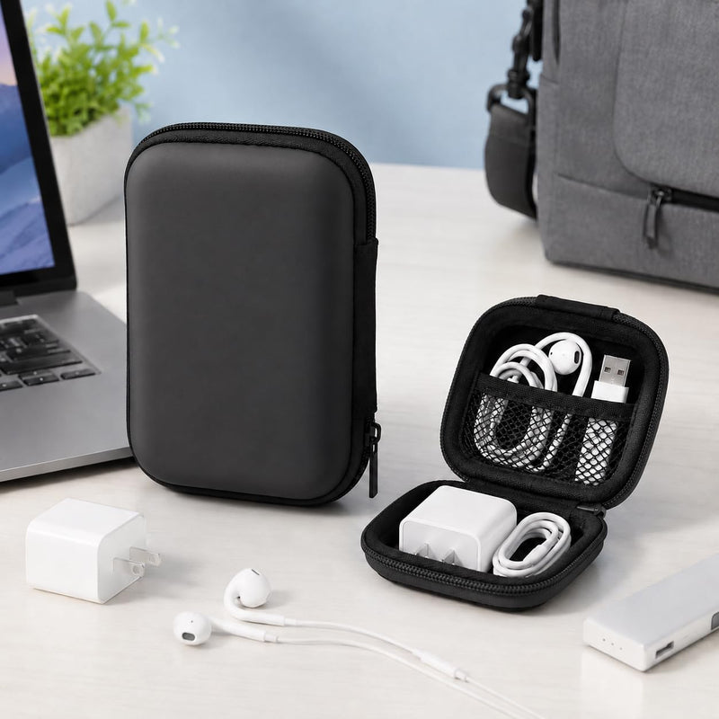 2Pcs EVA Zippered Organizer Pouches, Lightweight Hard Shell Cable Storage Case with Mesh Pocket for Earphones, Chargers, Travel and Desk,Black Black
