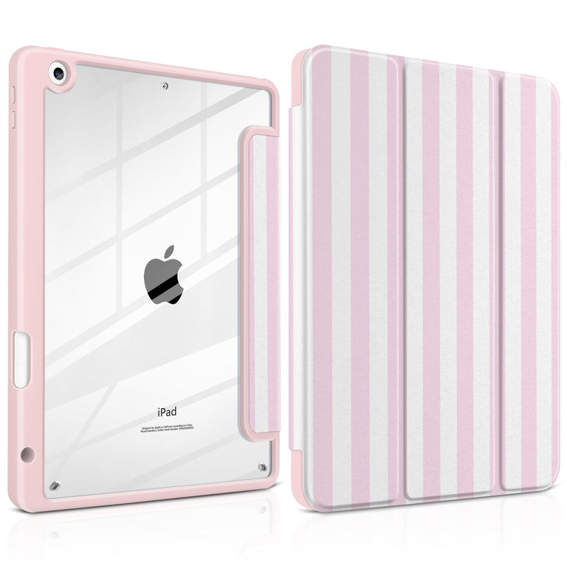 Case for iPad 9th / 8th / 7th Generation 10.2 inch, Pink Stripe | Cute Preppy Coastal Design Aesthetic Pink White Striped Trifold Cover with Soft TPU Bumper, Clear Back, Auto Sleep/Wake Pink white stripes