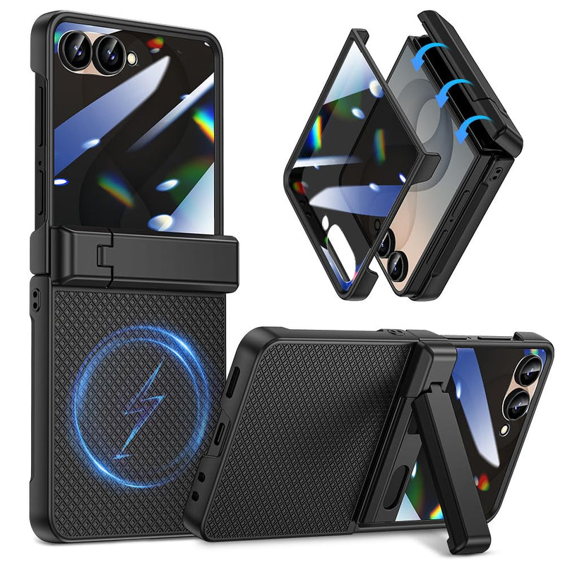 Magnetic for Samsung Galaxy Z Flip 8 Case with Hidden Kickstand, Black | with Built-in Privacy Screen Protector & Hinge Protection, Compatible with MagSafe, Shockproof Non-Slip Textured Phone Cover