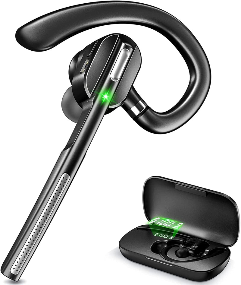 Wireless Bluetooth Headset with Charging Case & Battery Display, Noise Canceling Earpiece for Driving and Office, Hands-Free Headphone Compatible with Cell Phone PC