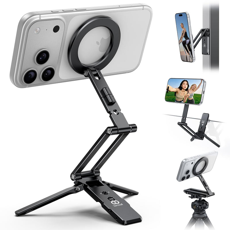 Lamicall for MagSafe Tripod Stand Dual-Side Magnetic with 1/4", Arca, Hook | 360° Upgraded Tiny Aluminum Magnetic Phone Tripod for iPhone 17/16/15 Pro Max Women Men Phone Stand fit Vlog Travel Black