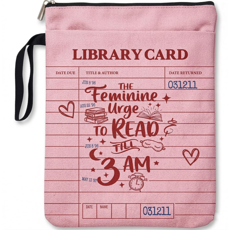 Library Card Book Sleeve Tote Bag for Readers, Pink Canvas Book Cover with Handle, Feminine Urge to Read Till 3AM Design, Book Lover Gift rosy pink large