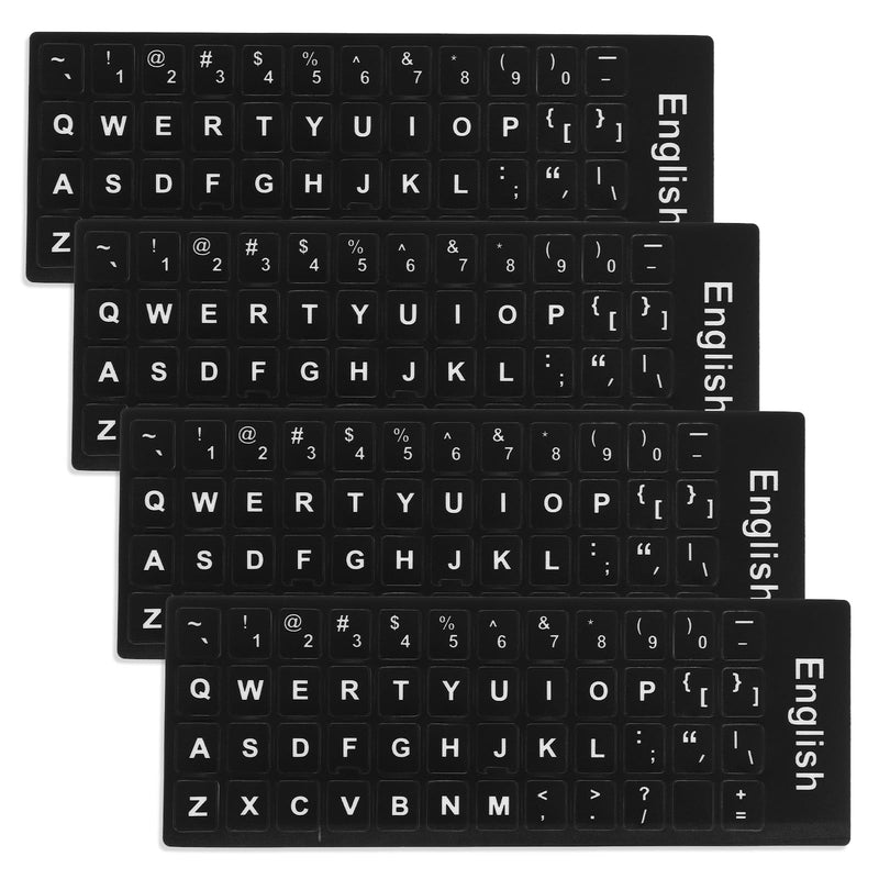Universal Keyboard Letter Stickers, 4 Pcs English Laptop Keyboard Stickers | Replacement Keyboard Stickers for Keys with Black Background and White Lettering for Laptops Desktop Computers