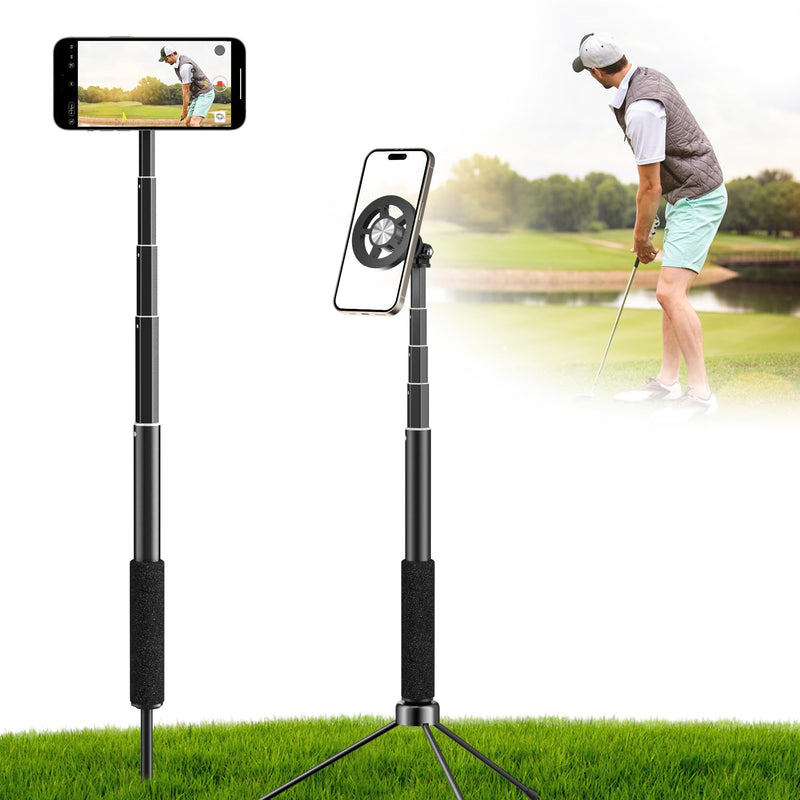 Golf Selfie Stick Tripod & Ground Spike to Record Swing, Phone Mount | Golf spike& tripod, strong magnetic mount, 11.4–47in adjustable pole, 1/4" thread, portable& compact, durable aluminum design
