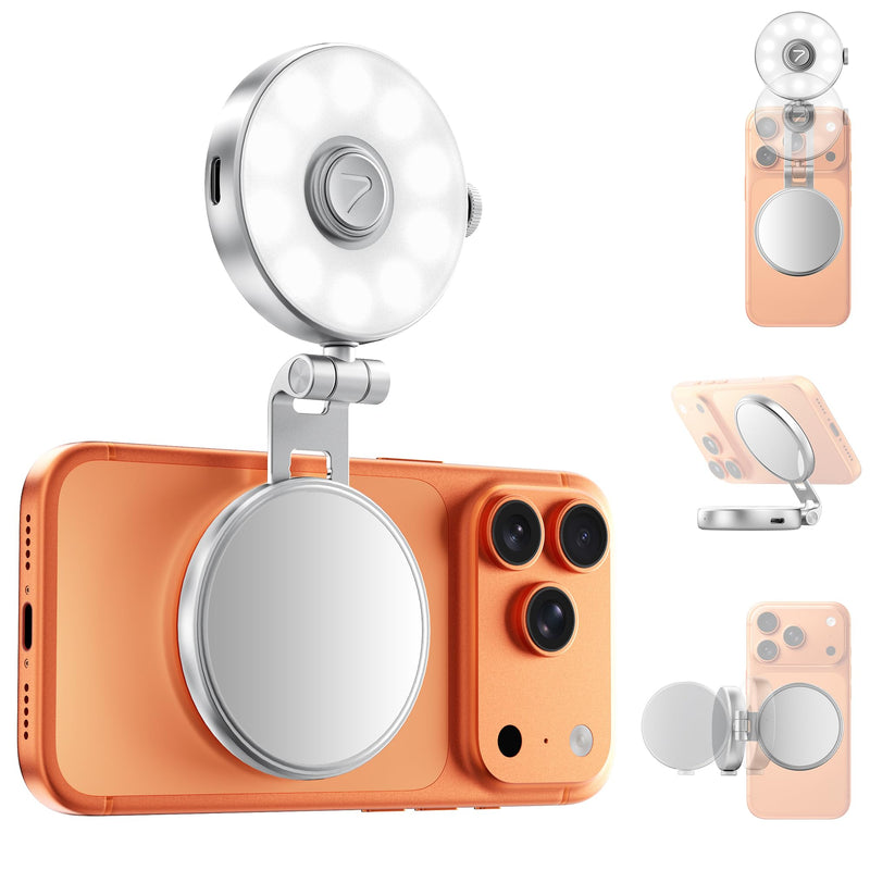 7RYMS 7Lite L1 Magnetic Selfie Light for MagSafe iPhone, LED Fill Light | CRI95 Lighting, 360° Rotation and Built-in Mirror. Magnetic Mount for Selfies, Video Call, Streaming and Photography (Silver) Silver