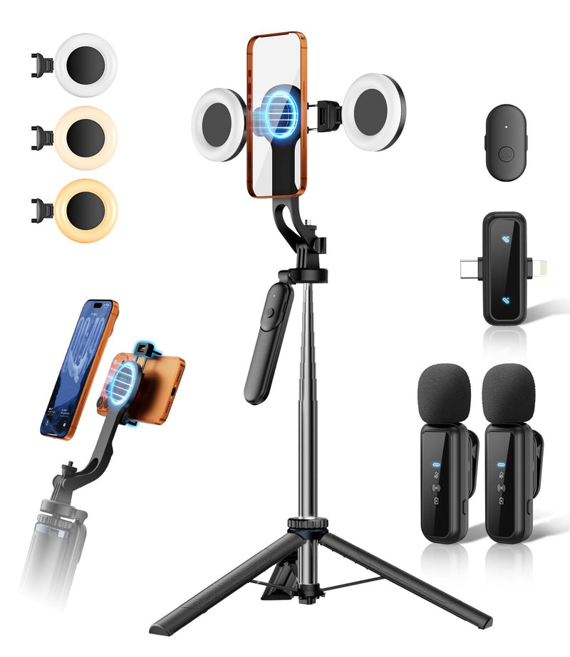 Vlogging Kit for iPhone,63" Magnetic Tripod for iPhone with 2 Light & 2 Mic | Magnetic Selfie Stick Phone Tripod with Light for Content Creator Essentials/YouTube Starter Kit/TikTok/Video Recording/Live