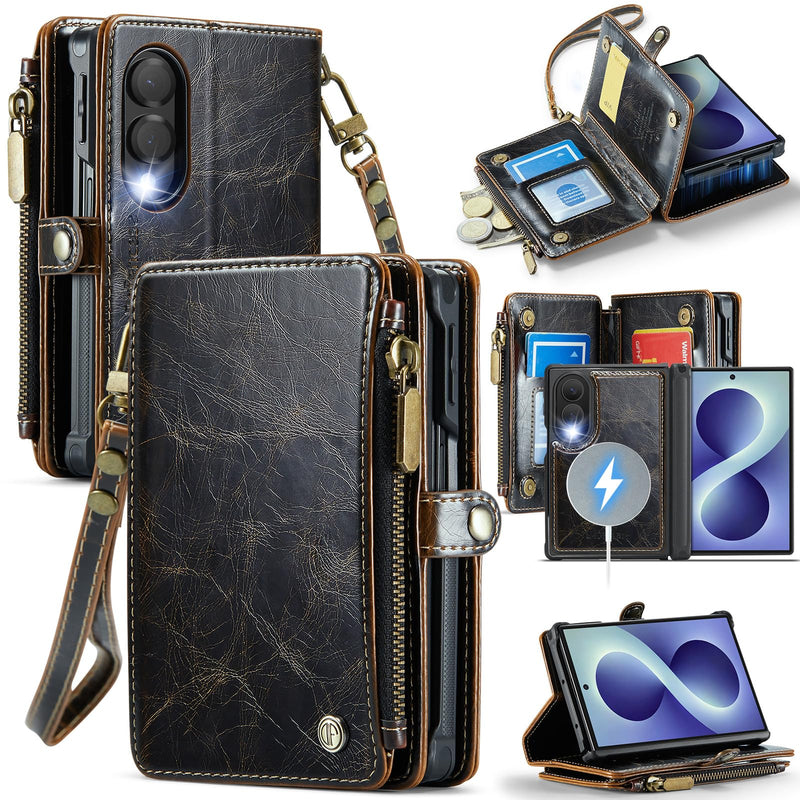 Defencase for Galaxy Z Fold 8 Case Wallet Compatible with Magsafe, Coffee | Magnetic Detachable, RFID Bolcking Card Holder, Zipper, PU Leather, Drop-Proof Phone Cases Cover for Samsung Galaxy Z Fold 8 (Detachable with Magsafe)-Coffee