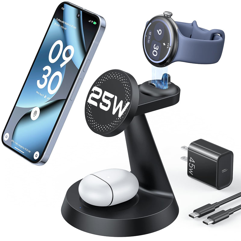 Meifigno 25W Fast 3-in-1 Wireless Charging Station for Google Pixel Watch 4 | Not for Google Watch 1/2/3, 25W Magnetic Charging for Pixel 10 Pro XL & Buds, Mag-Safe Charger Stand with 45W Adapter Only for Pixel Watch 4
