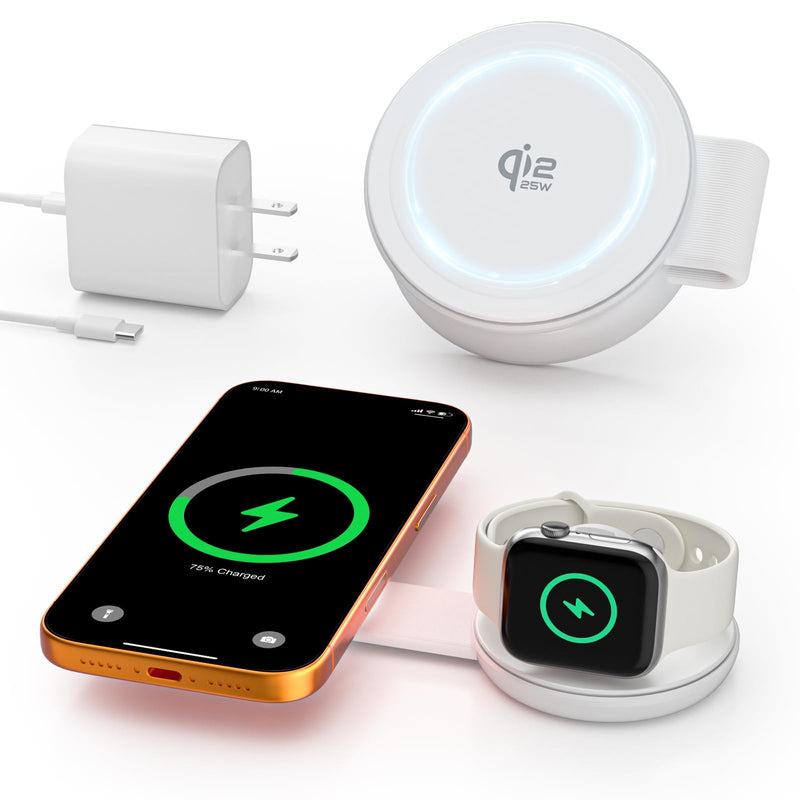 2 in 1 Magnetic Wireless Charger, Qi2 25W Fast Charging Travel Station Pad Compatible with MagSafe for iPhone Air/17/16/15/14/13/12, 5W for Apple Watch, AirPods 4/3/2/Pro with 30W Adapter (White) White