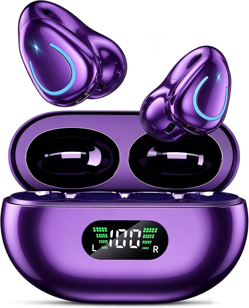Comfort Clip On Earbuds, Bluetooth 6.1 Open Ear Bone Conduction Headphones, with Digital Display Charging Case Sport Earphones Built-in Mic Waterproof for Running Fitness Exercise, Violet