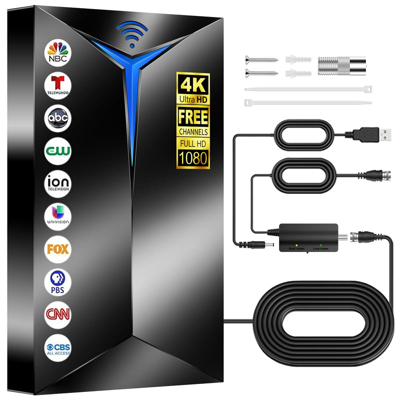 2026 Upgraded TV Antenna Indoor Outdoor for Local Channels | 3800+ Miles Long Range for Local Channels, with Amplified Signal Booster, Supports 8K 4K 1080P HD, with 26ft Coaxial Cable Black Medium