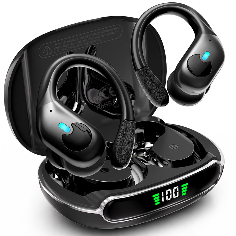 Active Noise Cancelling Ear Buds Wireless Earbuds 90H Playtime Bluetooth Headphones Stereo Bass Over-Ear Hooks Earphones with Power Display Case IPX7 Waterproof Headset for Workout/Running, Black