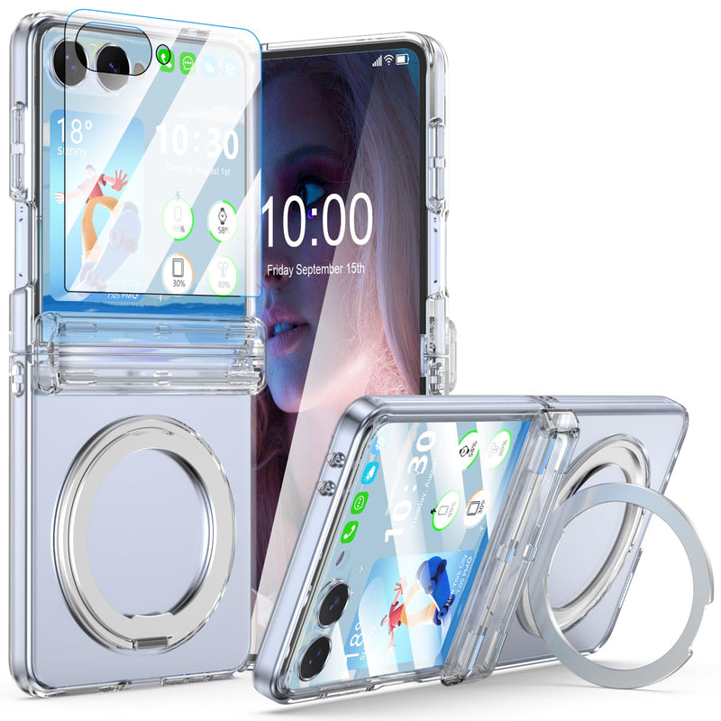 Designed for Z Flip 8 Case Clear Magnetic with Kickstand Hinge Protection | Compatible with MagSafe Slim Protective Phone Case with Screen Protector Plating Cover for Samsung Galaxy Z Flip 8 Clear B
