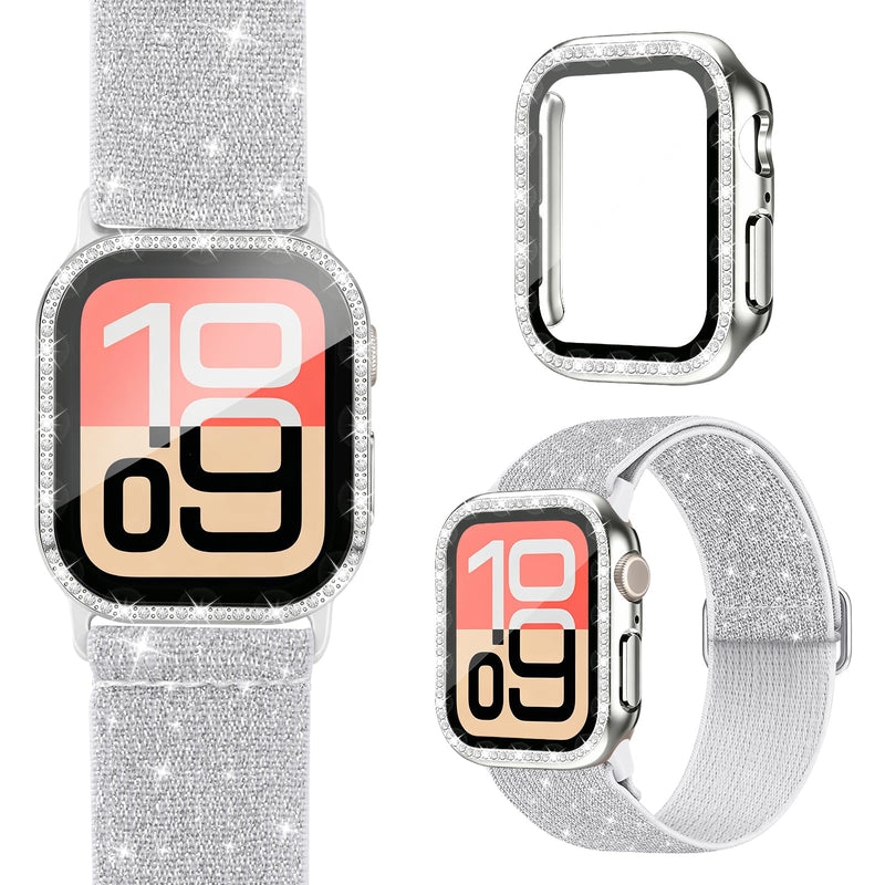 Bling Rhinestone Screen Protector Case Band for Apple Watch S11/10/SE/Ultra | riwoauoo 3-in-1 Glitter Diamond Hard PC Cover Built-inTempered Glass Film Nylon Sport Strap Women for iWatch 40/44/42/46/49mm Silver 40mm for SE 3/SE 2/SE/6/5/4
