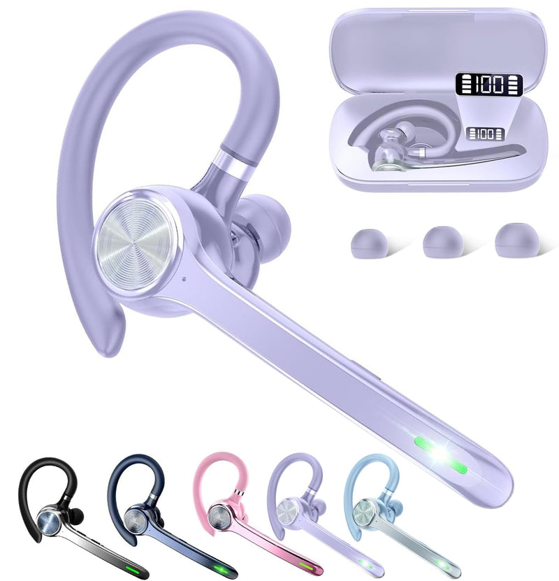 HEIBAS Bluetooth Headset, Wireless Earpiece with Mic for Work | 72H Playtime, 500mAh Charging Case, Hands-Free Calling with Mute Button for Work, Trucker, Office, Driving, Lilac Purple