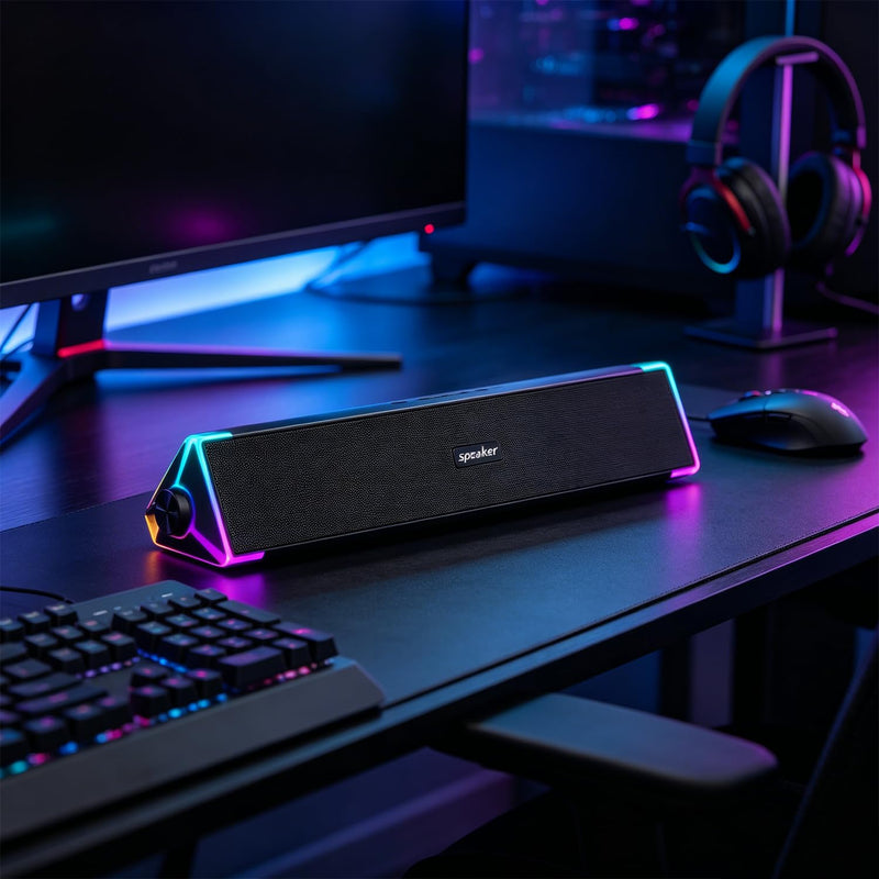 Computer Speakers for PC Desktop, Flowing LED Under-Monitor Soundbar with Clear Stereo Sound, Bluetooth & USB 2-in-1 Audio Input, PC Speaker for Monitor Laptop, Black