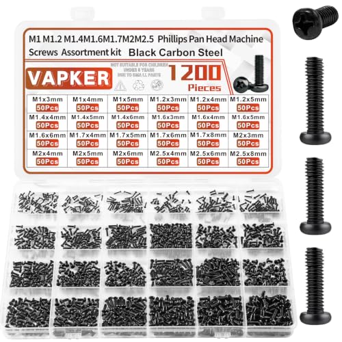 VAPKER 1200Pcs Round Pan Head Mini Machine Screws M1 M1.2 M1.4 M1.6 M1.7 M2 M2.5 Metric Phillips Drive Black Oxide Carbon Steel Micro Screw for Laptop Eyeglass Watch Repair
