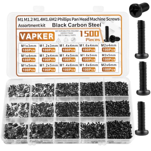 VAPKER 1500Pcs Tiny Screws M1 M1.2 M1.4 M1.6 M2 Round Pan Head Mini Machine Screw Metric Phillips Drive Black Oxide Carbon Steel Micro Screw for Laptop Eyeglass Watch Repair