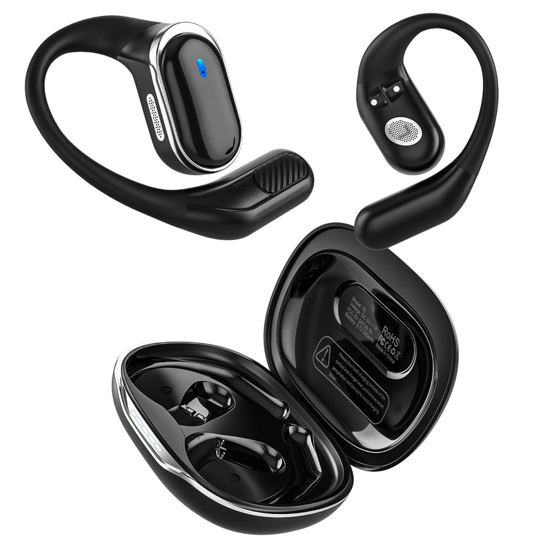 Open Ear Wireless Earbuds Bluetooth Headphones, 80H Playtime Stereo Ear Buds with ENC Noise Cancelling, Fast Charging, IPX7 Waterproof Sports Earphones with Earhook for Running/Workouts (Black) Black