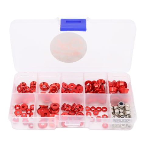 Alloy RC Hardware Fastener Kit, M2.5 M3 M4 Flat Round Cup Head Washers & Nuts, Assorted Screw Washer with Storage Box for 1/8 1/10 RC Cars(Red) Red