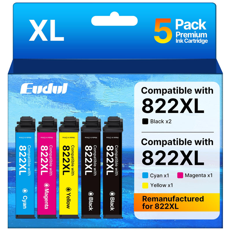 Remanufactured Replacement for Epson 822XL Ink Cartridges | for Epson 822 Ink Cartridges Combo Pack Work for Workforce Pro WF-3820 WF-4820 WF-4830 (5 Pack, 2Black Cyan Magenta Yellow)